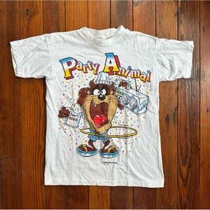 Vintage 1989 SSI Warner Bros Taz Party Animal white tee Small